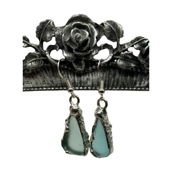 Handmade Sea Glass Earrings With Artisan Silver Blend Cabochons & 925 Hooks - Picture 3 of 13